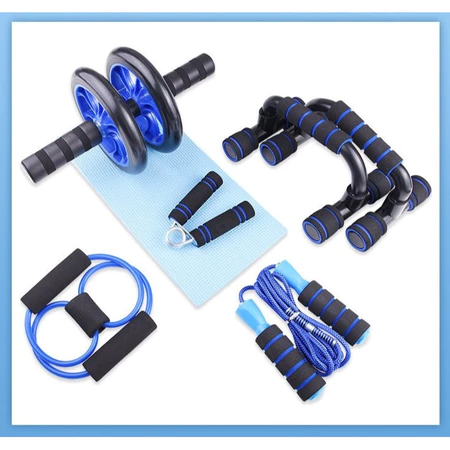 Kit Fitness 6 em 1 Roda Abdominal Flexão Corda Elástico Hand Grip Tapete Treino em Casa