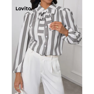 Lovito Blusa elegante listrada com gravata frontal para mulheres LBL14247