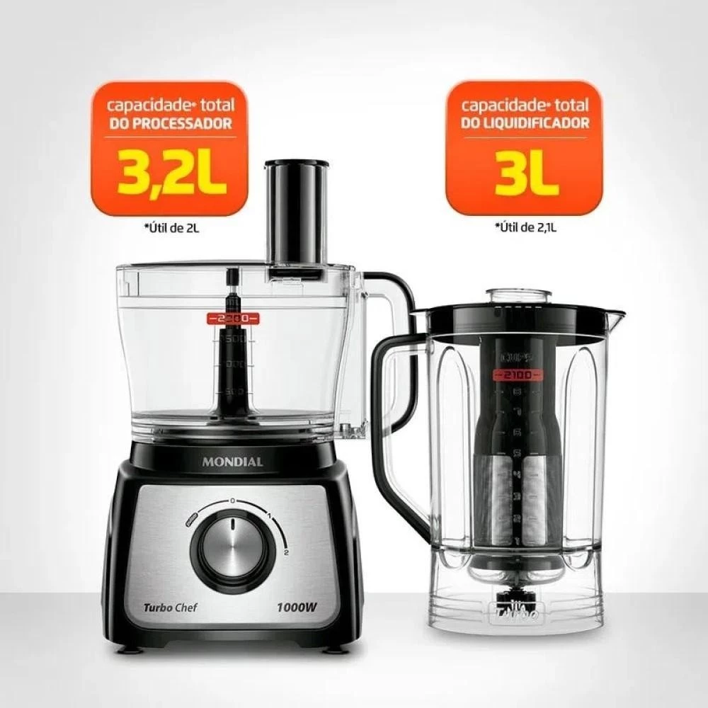 Comparativo de capacidade entre o copo do processador de 3,2L e o copo do liquidificador de 3L