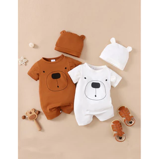0-18 Meses Recém-Nascido Baby Boy Romper Manga Curta Cute Brar Print Bodysuit Com Chapéu 2PCS Summer Casual Jumpsuit