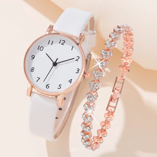 Relógio Casual Simples Feminino Feminino de Quartzo Pulseira de Quartzo 2 Peças-White Pink