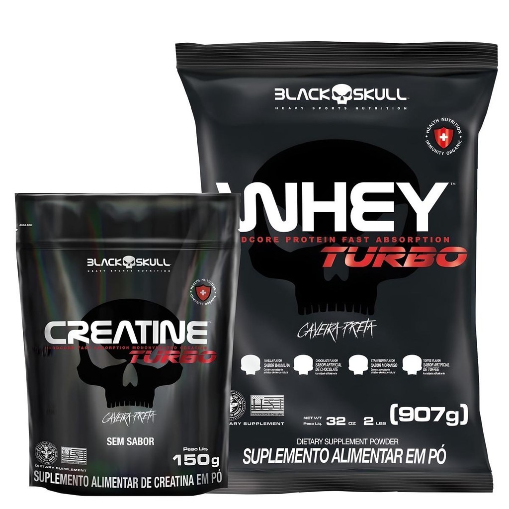 Kit Suplemento Whey Protein Turbo + Creatina Refil - Black Skull