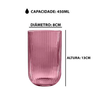 Conjunto com 6 Unidades de Copo Canelado Rosa Versalhes de Vidro 460ml