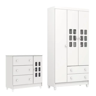 Quarto de Bebê Cômoda e Guarda Roupas Infantil 4 Portas 5 gavetas Luna Branco Carolina Baby