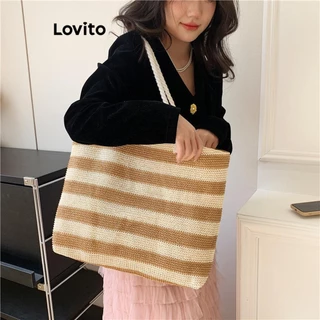 Lovito Bolsa de ombro leve casual com listra lateral lisa e elegante de grande capacidade para mulheres LFA45480