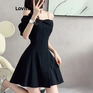 Lovito Vestido frontal casual com laço liso para mulheres LNM75325