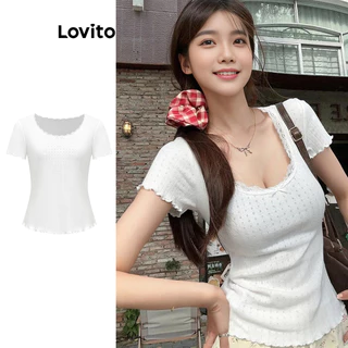 Lovito Camiseta elegante com frente lisa e laço para mulheres L100MD346