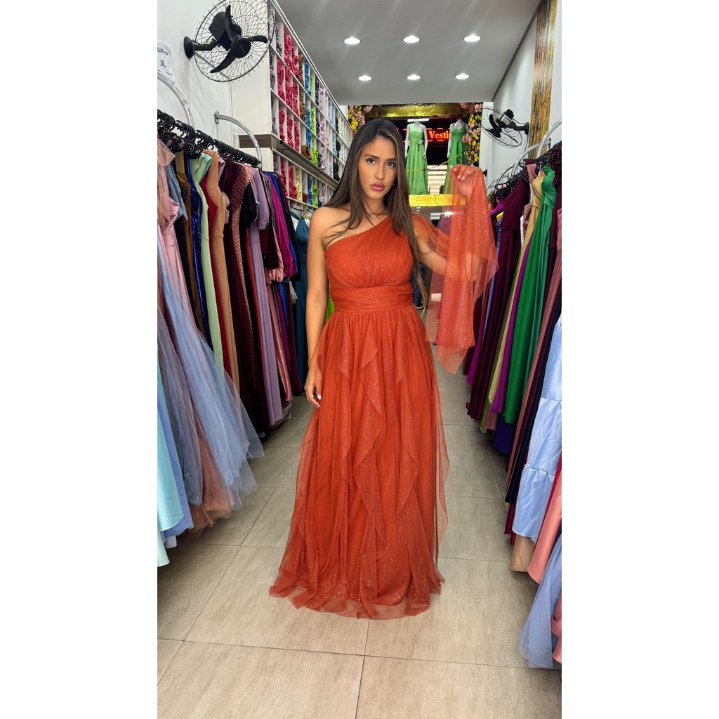 Vestido de Festa Um Ombro Só Saia Cascata Tule com Brilho Terracota
