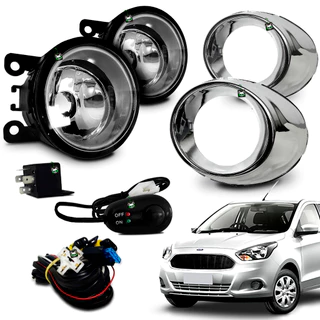 Kit Farol Auxiliar Milha Ka 2015 2016 2017 2018 Moldura Cromada Lente Vidro Botao Colante