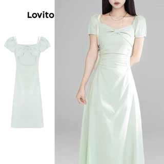 Lovito Vestido casual simples com laço plissado para mulheres LNE74196