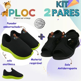 Kit 2 pares: Tênis Calce Fácil P26 Preto Sola Verde + papete Ploc Menino (PAP02) em Oferta na Shopee