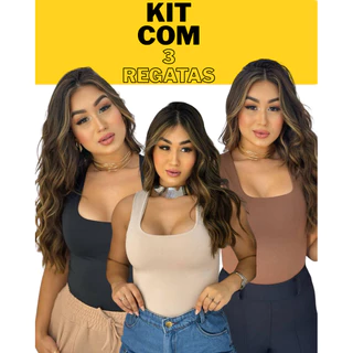 Kit Com 3 Blusa Regata Blusinha Feminina Suplex Premium Gola Reta Quadrada Básica Blogueira Lançamento Verão