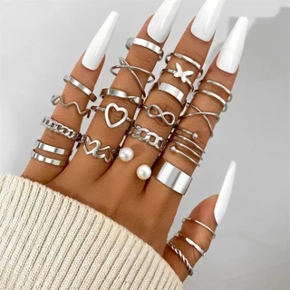 22pcs/Set Vintage Silver Metal Infinity Heart Cross Rings for Women Conjunto De Anéis Geométricos De Torção Jóias De Moda