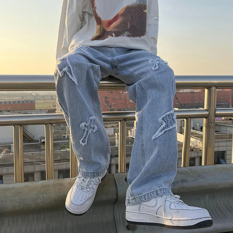 Hip Hop Streetwear Y2k Mens Calças Jeans High Street Baggy Loose Straight Casual Calças 2023 Moda Masculina Cross Patch Novas Calças