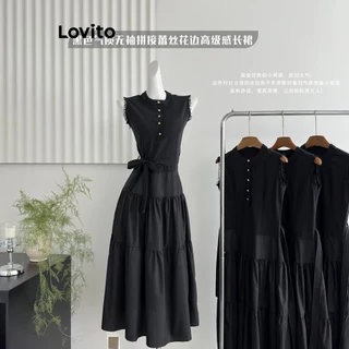 Lovito Vestido casual de renda lisa com botões em camadas para mulheres LNE74195