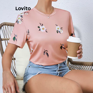 Lovito Camiseta casual floral com flores para mulheres LBL16293