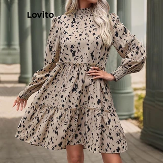 Lovito Vestido casual com babados de leopardo para mulheres LNL70319