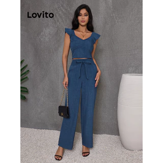 Lovito Conjuntos elegantes de calças de linha de estrutura lisa e simples para mulheres LBL16030