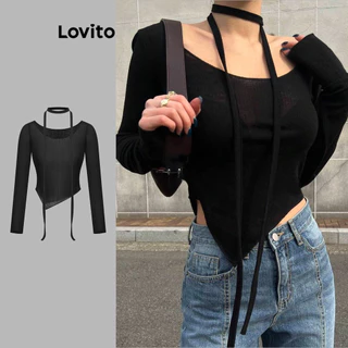 Lovito Camiseta assimétrica com cadarço simples e glamourosa para mulheres L102AD059