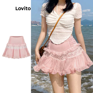 Lovito Lindas saias de renda com babados e patchwork para mulheres L102AD284