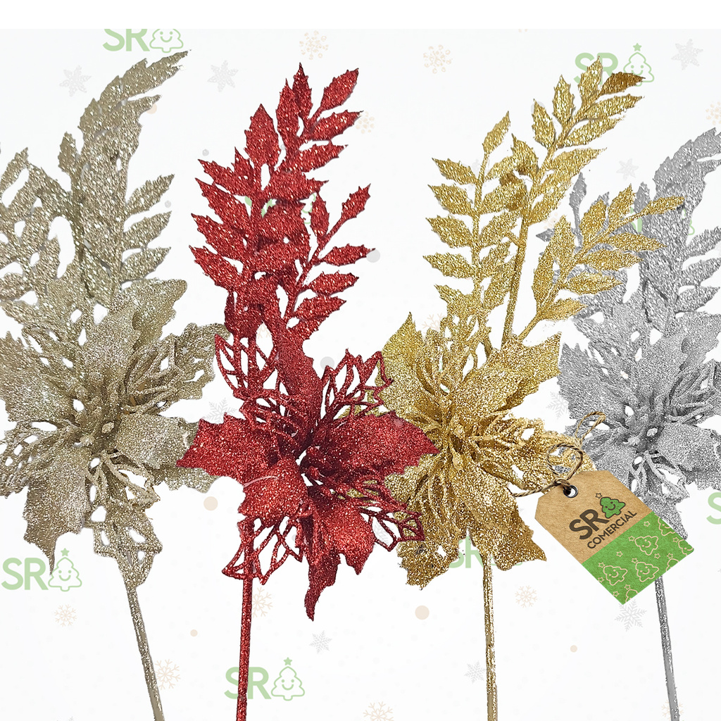 Galho Com Flor Glitter 28cm Super Brilho - Enfeite De Natal
