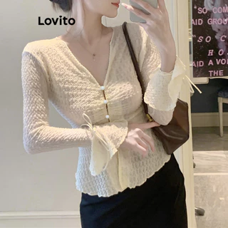 Lovito Casual Simples Botão Texturizado Tecido Trompete Manga T-Shirt para Mulheres L102AD105