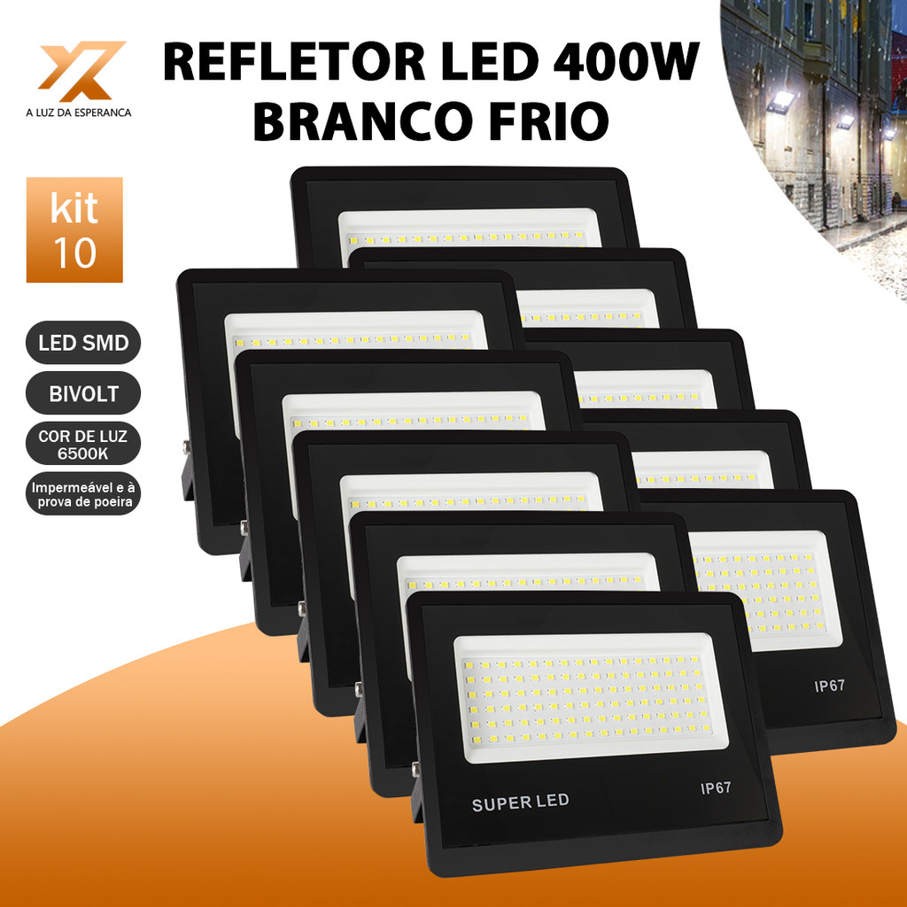 KIT 10 Refletor LED 400W Holofote Super Potente à Prova d'Água Área ...