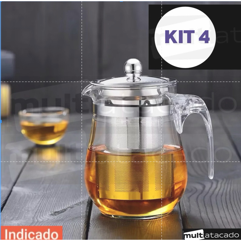 KIT até 4 Bule Vidro Inox Com Infusor Chá 500 ml 350ml , Chaleira de ...