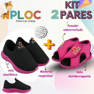 Kit 2 pares: Tênis Calce Fácil P26 PRETO SOLA PINK + papete Ploc Menina (PAP03) em Oferta na Shopee
