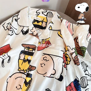 Desenho Animado Snoopy Charlie Pijamas Feminino Primavera E Outono Novas Calças De Manga Comprida Fato De Caseiro [RAIN]