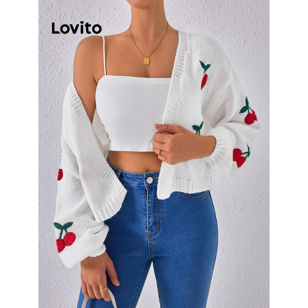 Lovito Cardigãs jacquard lisos casuais para mulheres LBL14615