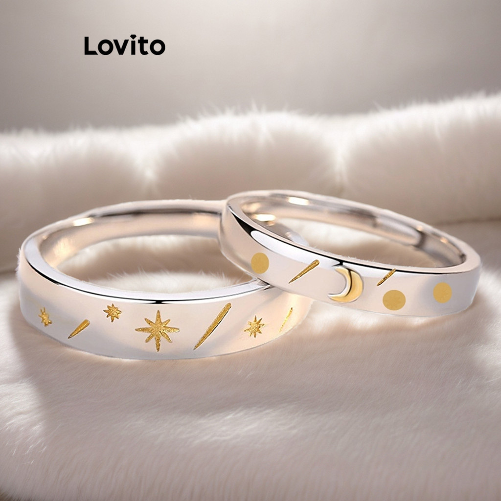 Lovito 925 Casal Prata Amarelo Sol Lua Simples Abertura Ajustável Dia Dos Namorados LSW08199