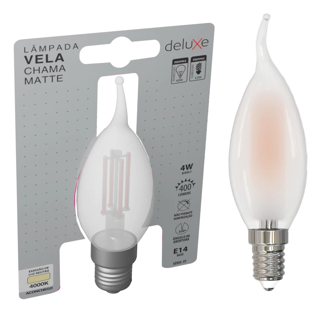 Lampada Led Vela Filamento Chama Matte 4W 4000k E14 Deluxe