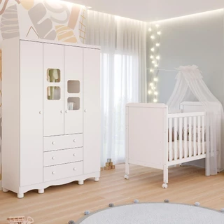 Quarto de Bebê Completo Berço Americano Mini Cama Cloe 2 Em 1 Guarda Roupa Uli 4 Portas 3 Gavetas 100% MDF Móveis Peroba