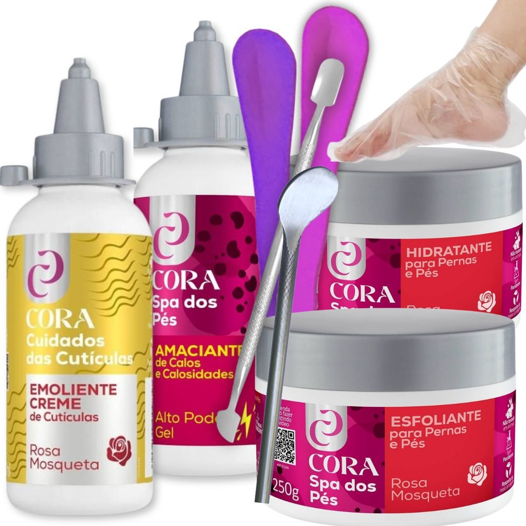 Kit Cora Amaciante Gel Emoliente Creme Cutícula Spa Pés Mãos Espatula ...