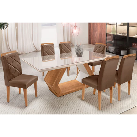 Conjunto Mesa Alvorada 180 Tampo Mdf e Vidro Canto Reto 6 Cadeiras Rufato