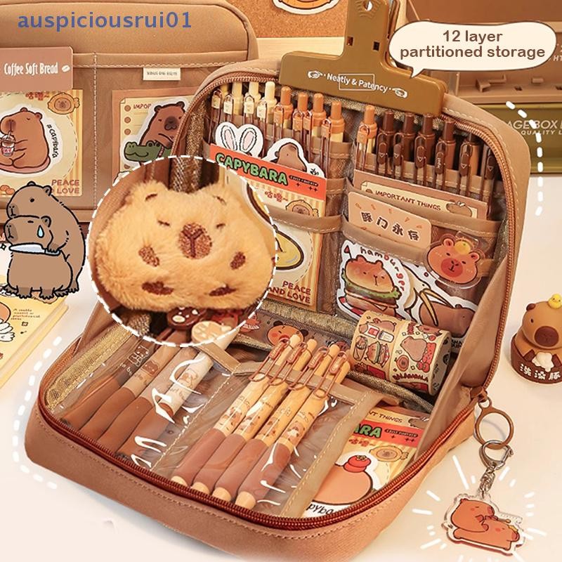 [Auspiciosorui01] Grande Capacidade Kawaii Capivara Papelaria Em Várias Camadas Bolsa Lápis Fofo De Desenho Animado Caso