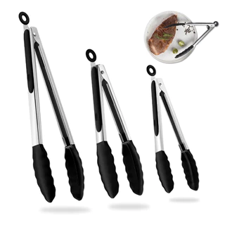 Kit 3 Pegadores De Silicone e Inox Para Alimentos Pinça - Pequeno/Médio/Grande