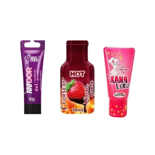 Kit Lubrifcante Excitante XanaLoka + Lubrificante 100Dor Sete Sensações + Gel Comestível Morango Hot Beijável Esquenta