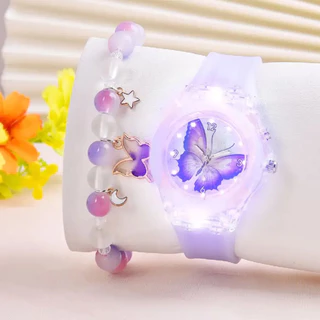 2pcs/set Novo Conjunto De Pulseiras De Relógio De silicone Com Padrão Borboleta De Moda Para Meninas