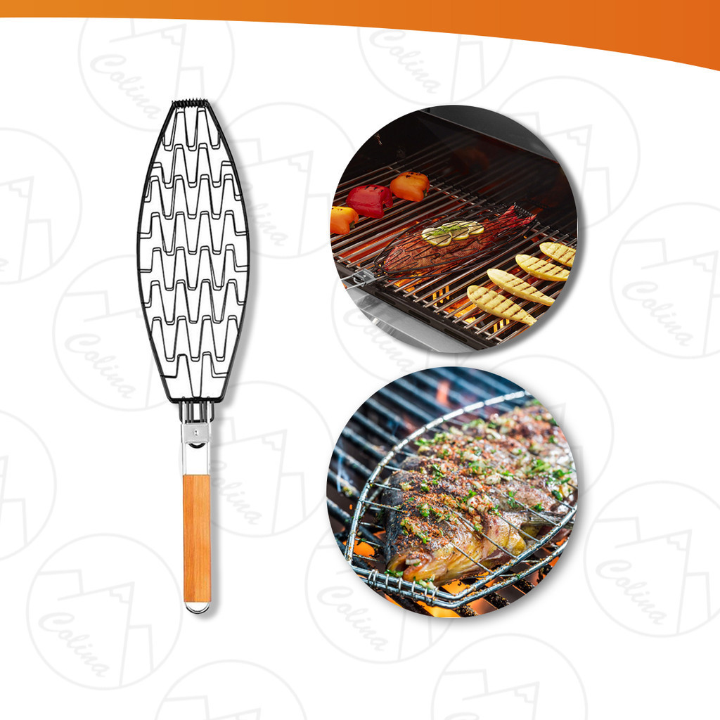 Grelha Cabo Churrasqueira Peixes e Carnes Aço Carbono e Madeira 65CM X 14,5CM X 1,5