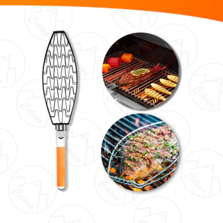 Grelha Cabo Churrasqueira Peixes e Carnes Aço Carbono e Madeira 65CM X 14,5CM X 1,5