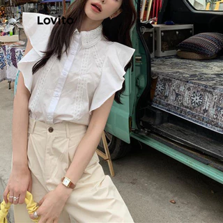 Lovito Blusa elegante com babados lisos para mulheres LNE66384