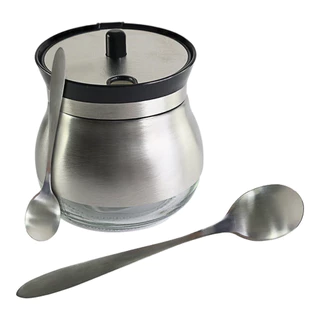 Açucareiro com Colher de Aço Inox e Fundo de Vidro