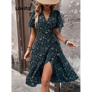 Lovito Vestido casual com babados e flores florais Ditsy para mulheres LNL79397
