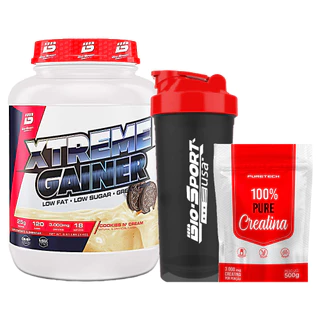 Kit Xtreme Gainer 3kg - Bio Sport + Creatina 100% Pure 500g - Puretech + Coqueteleira - Bio Sport em Oferta na Shopee