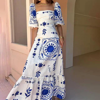 Mulher temperamento elegante e elegante moda estampa lanterna de gola quadrada vestido de manga curta A palavra (28338)