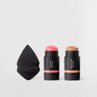 Kit Mini Blush em Bastão Rosa Claro + Mini Contorno em Bastão Marrom Claro + Mini Esponja de Maquiagem Océane Edition (3 Produtos) em Oferta na Shopee