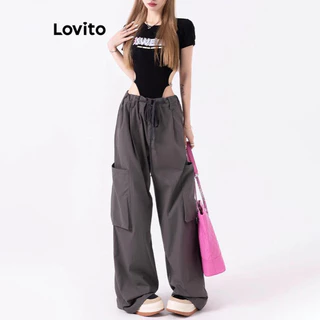 Lovito Calça casual lisa com cordão para mulheres LNA62224