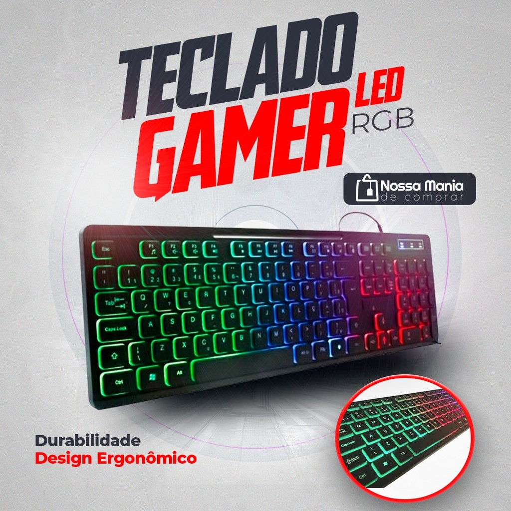 Teclado Gamer Multimídia com Iluminação Led RGB 107 Teclas BK-155C Exbom